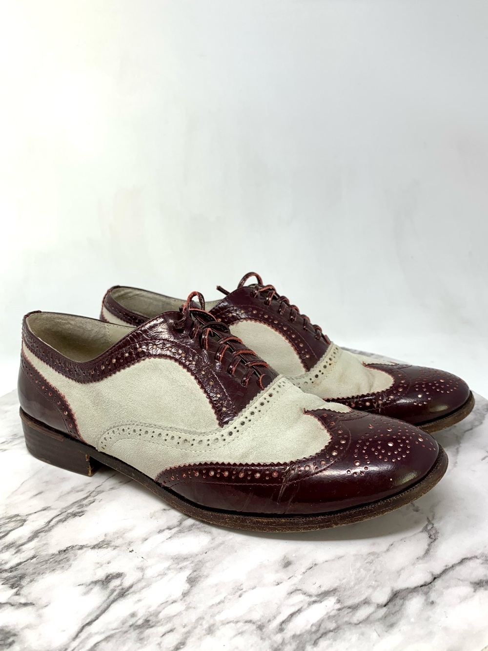 Candela NYC Two-Tone Burgundy and Cream Wingtip Oxfords 7.5 Blokecore Preppy